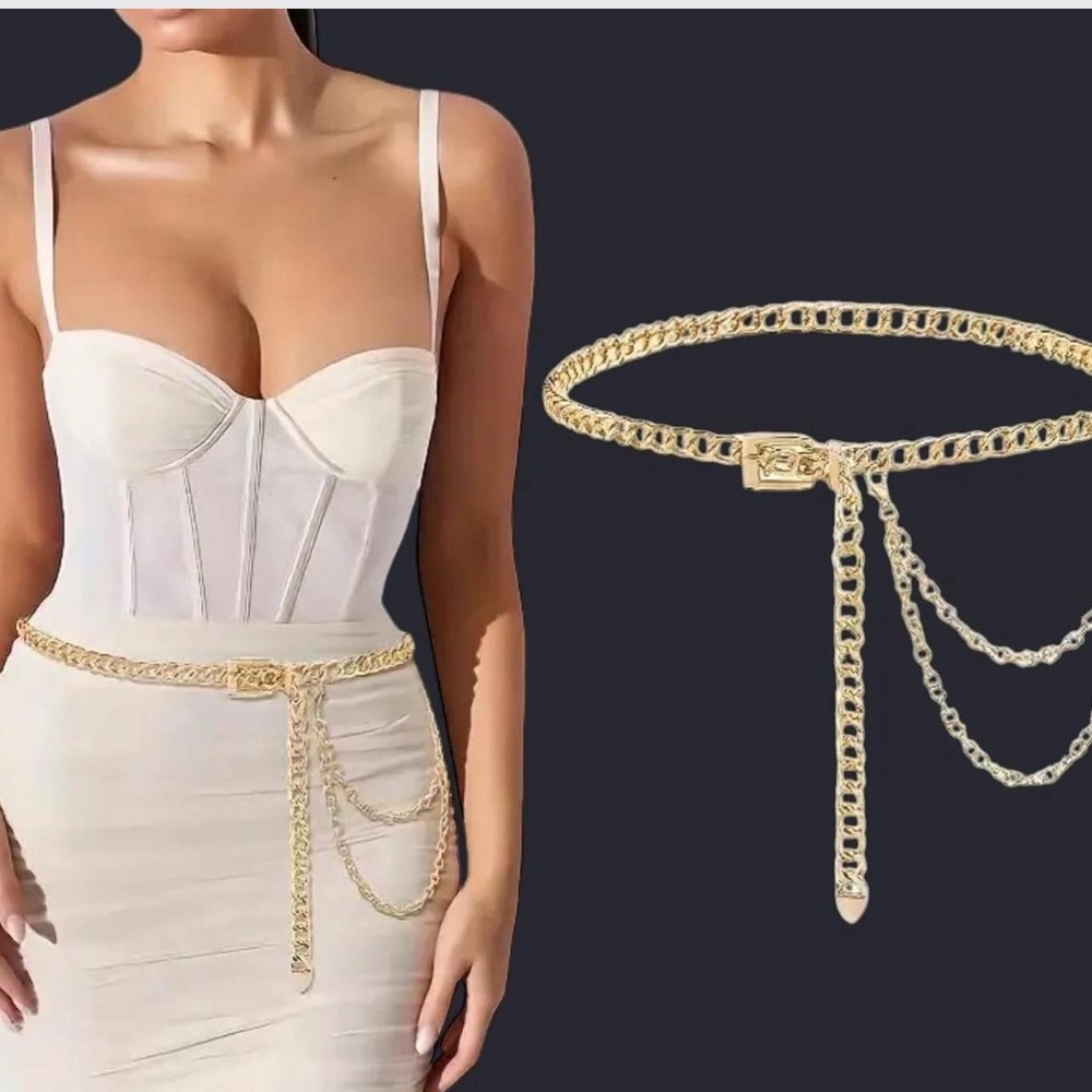 Glamorous Gold Chain-Link Belt with Pendant